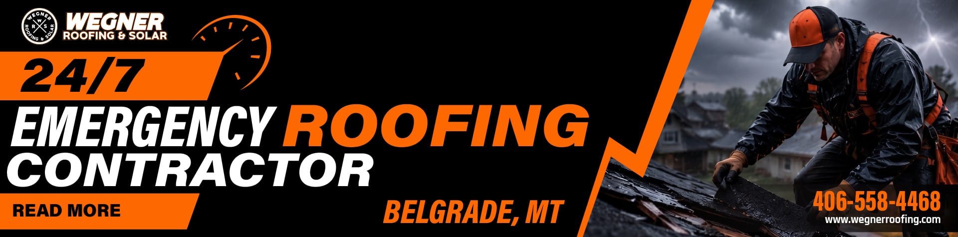 emergency roofing contractor working on storm damaged roof in heavy rain in Belgrade MT 24/7 urgent repair