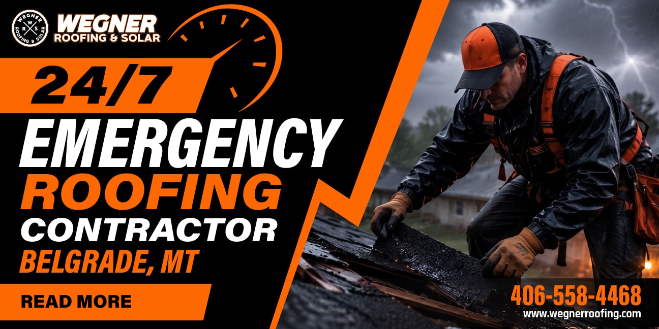 emergency roofing contractor repairing storm damaged roof in heavy rain in Belgrade MT during urgent response