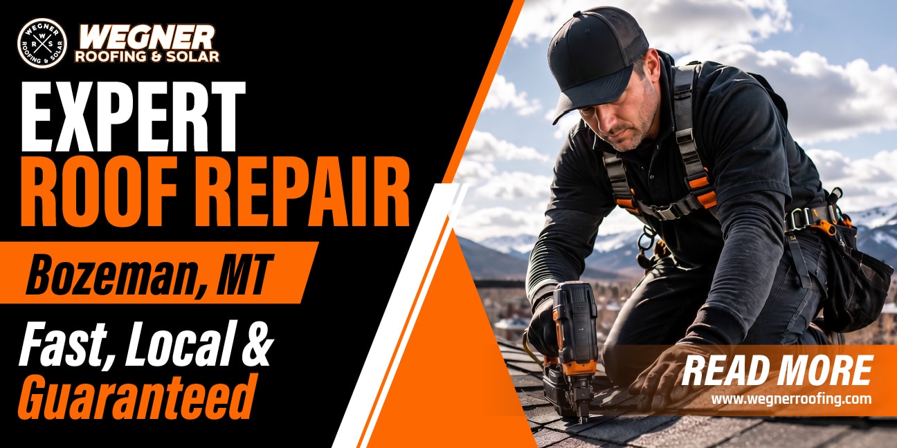 Roof repair Bozeman MT showing roofer installing shingles on residential roof with fast local professional service.