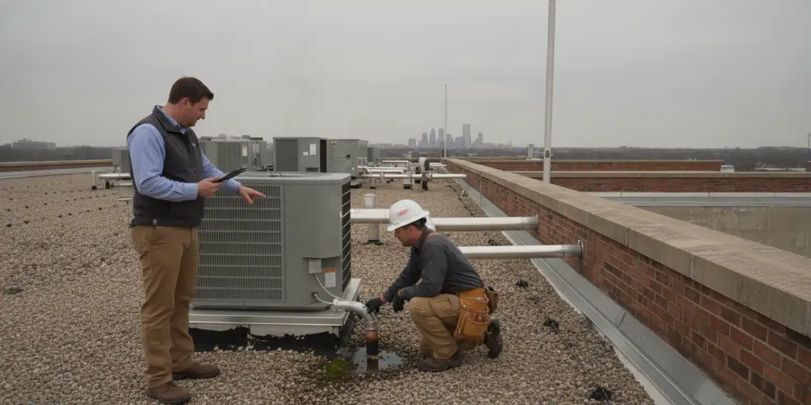Commercial roof maintenance review with a property owner and roofing professional checking a low-slope roof and drainage details