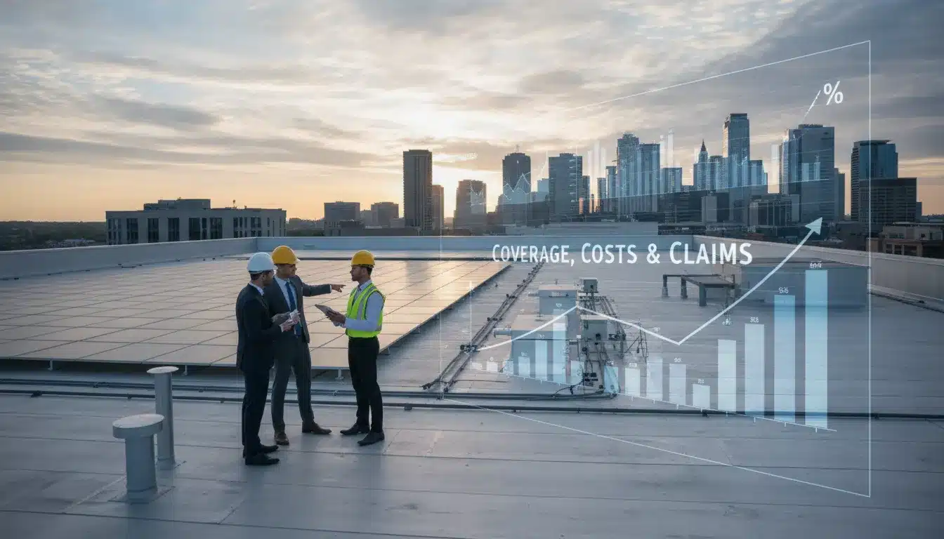 Commercial roofing insurance coverage, costs, and claims over a rooftop city skyline.