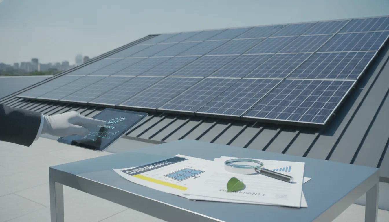 Solar panels on a home roof with home warranty documents and a tablet.
