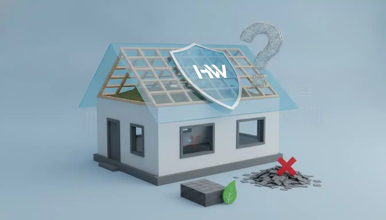 3D home model with roof tiles, HW warranty shield, question mark, and red X about roof replacement coverage.