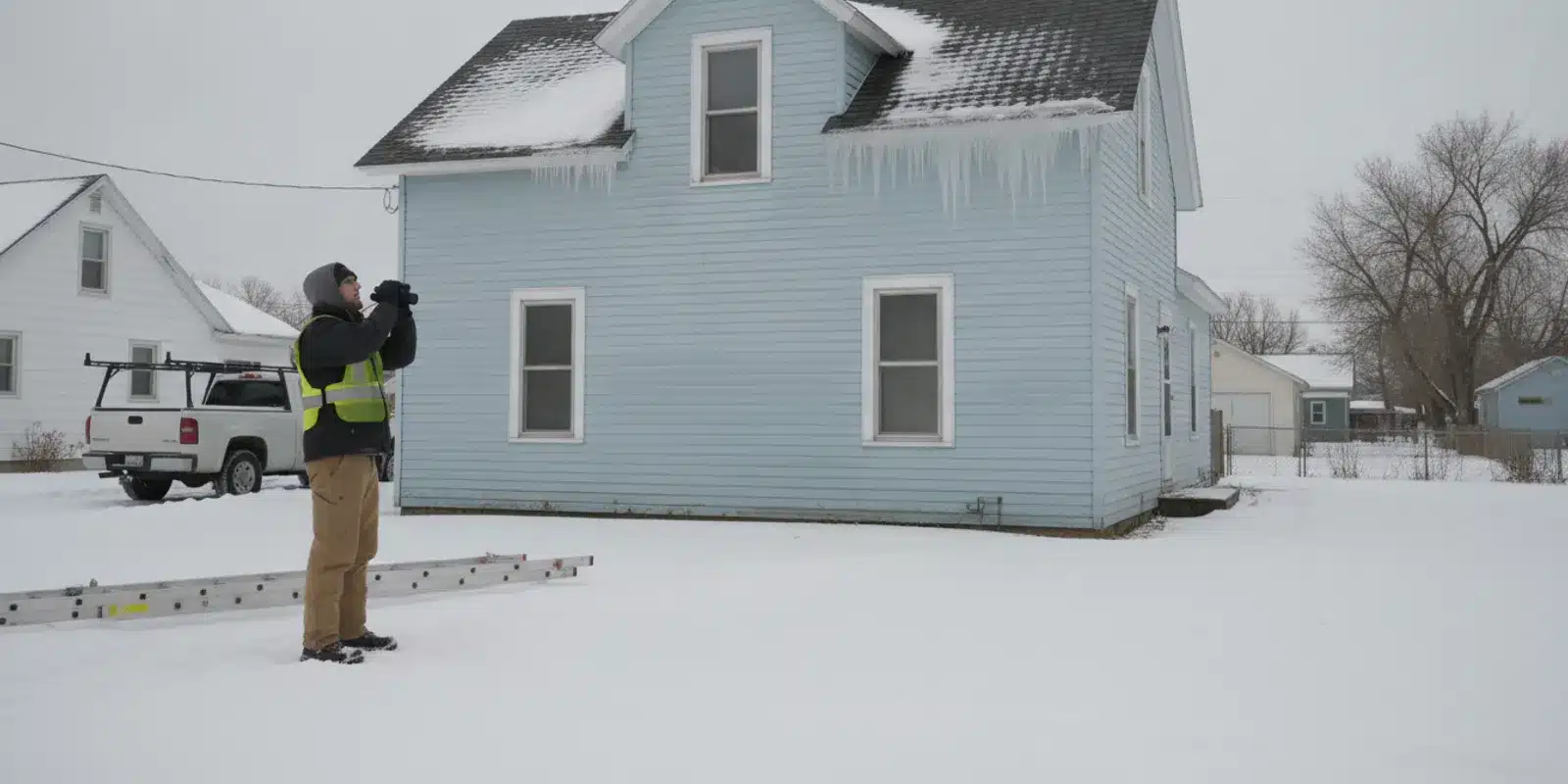 A winter home roof with an ice dam visible along the eave as a roofing professional assesses it from the ground
