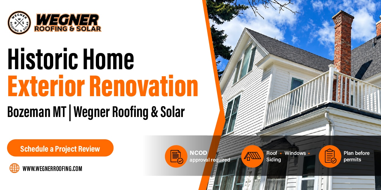 Historic home exterior renovation Bozeman MT featuring a white home with updated roofing, windows, and siding.