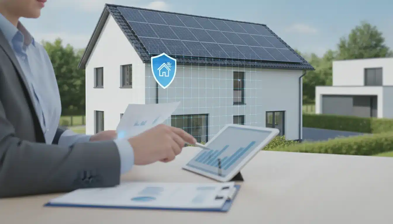 Home with rooftop solar panels and insurance agent reviewing coverage on a tablet.