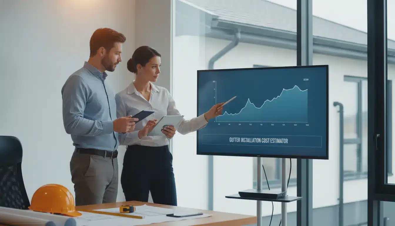 Two professionals review a gutter installation cost estimate on a computer screen.