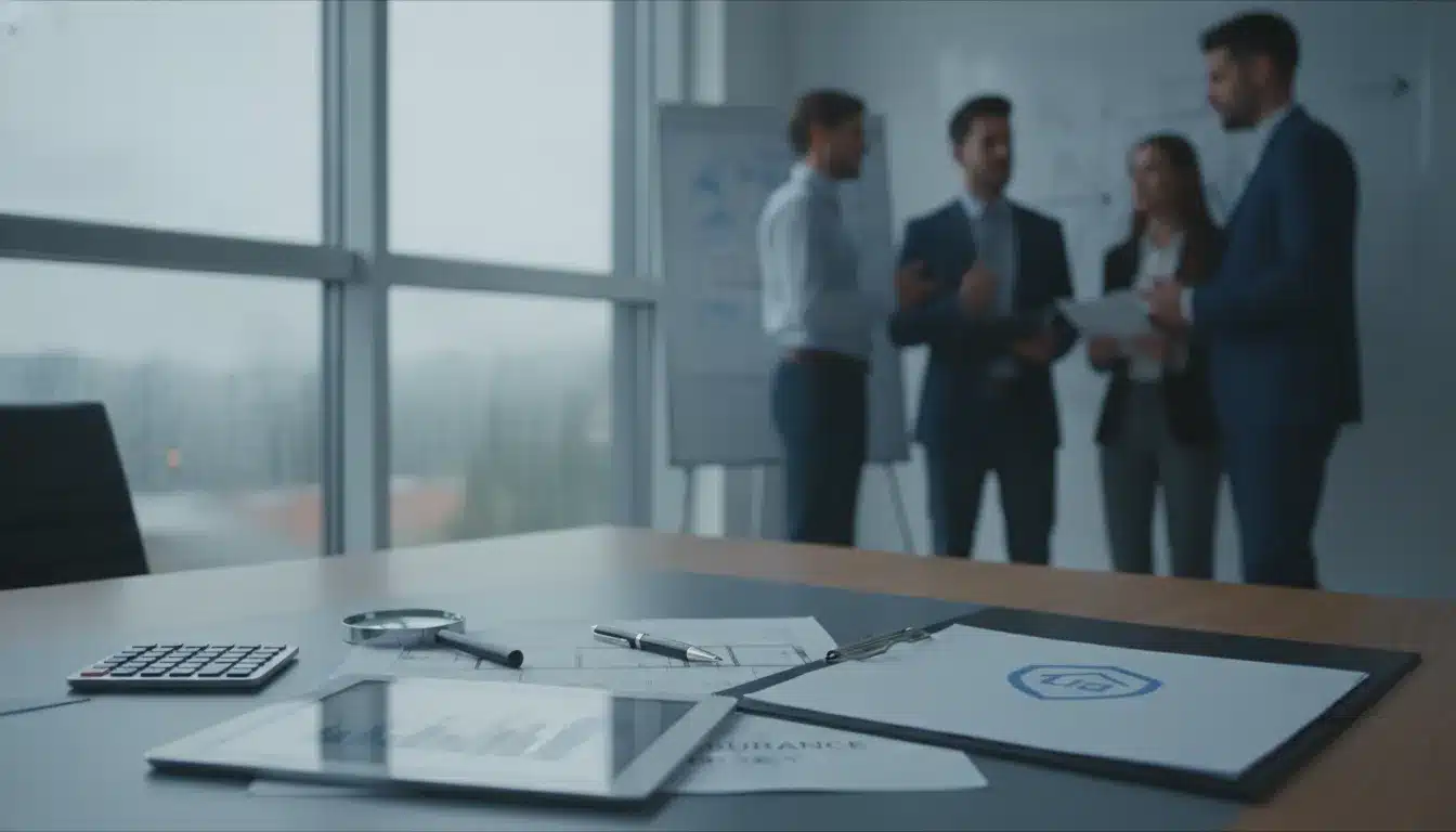 Business meeting about insurance window replacement, with documents, a calculator, and tablet.