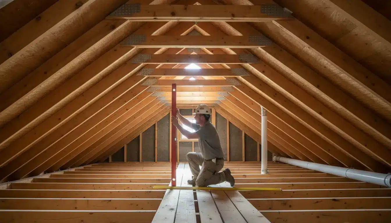 Roofing professional measuring roof slope with a level in an attic