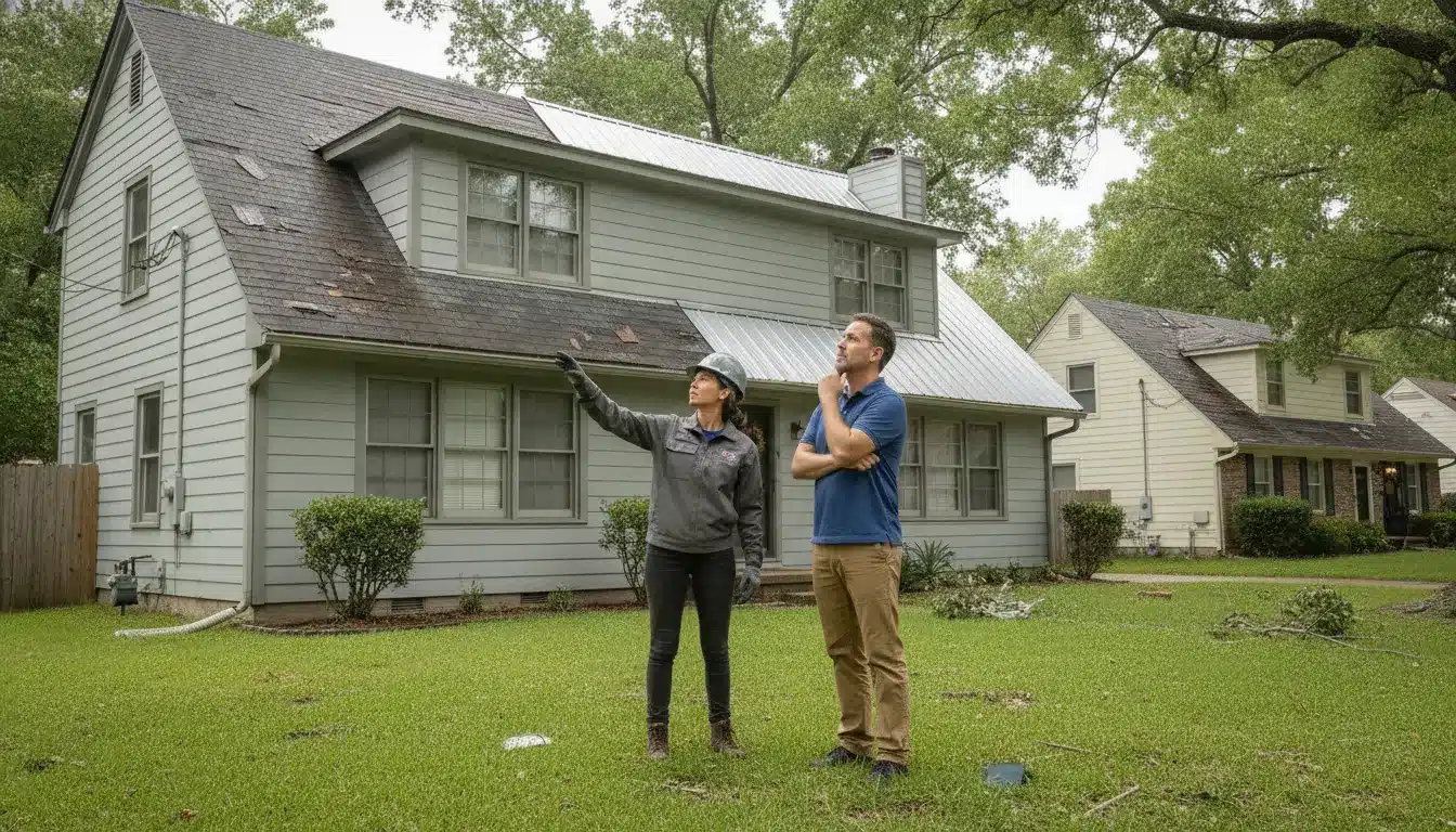 Roof types for insurance inspection with a roofing professional reviewing storm damage beside a home