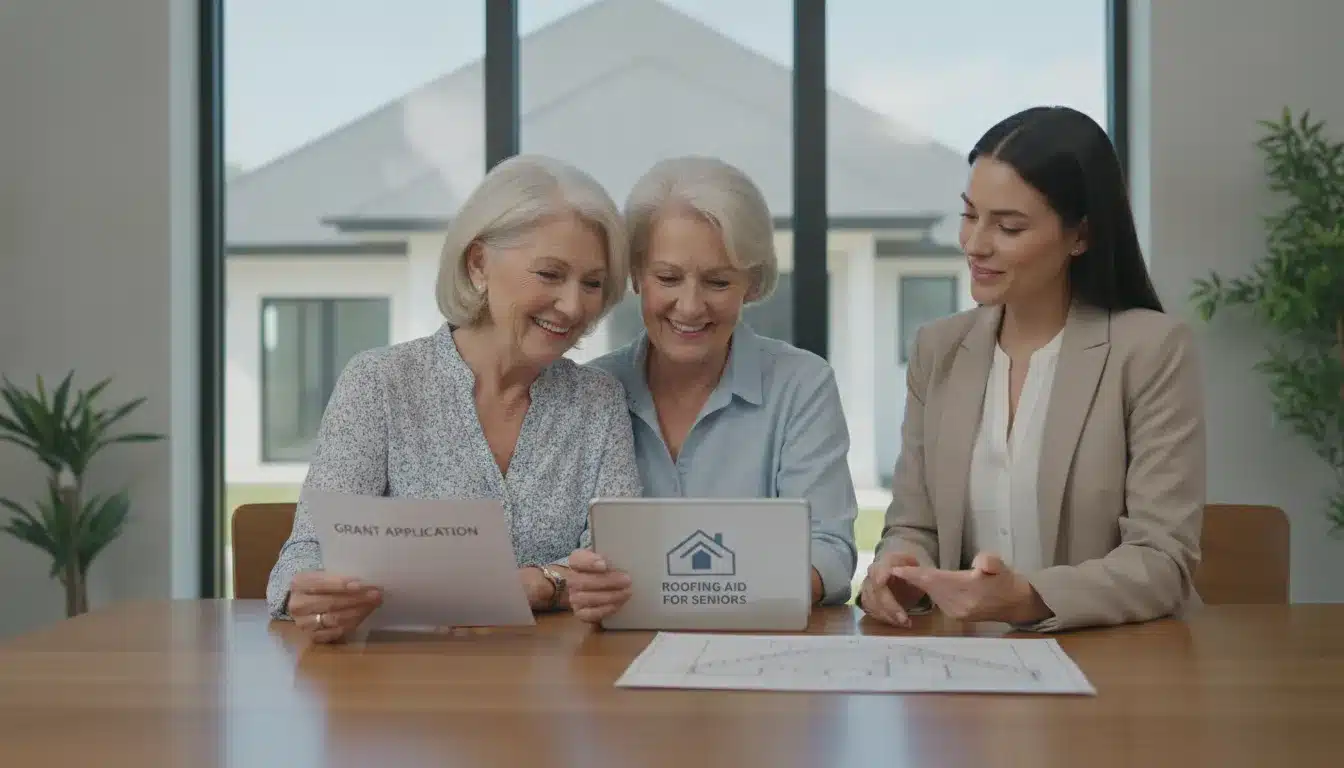 Seniors reviewing a roofing assistance program application with an advisor.