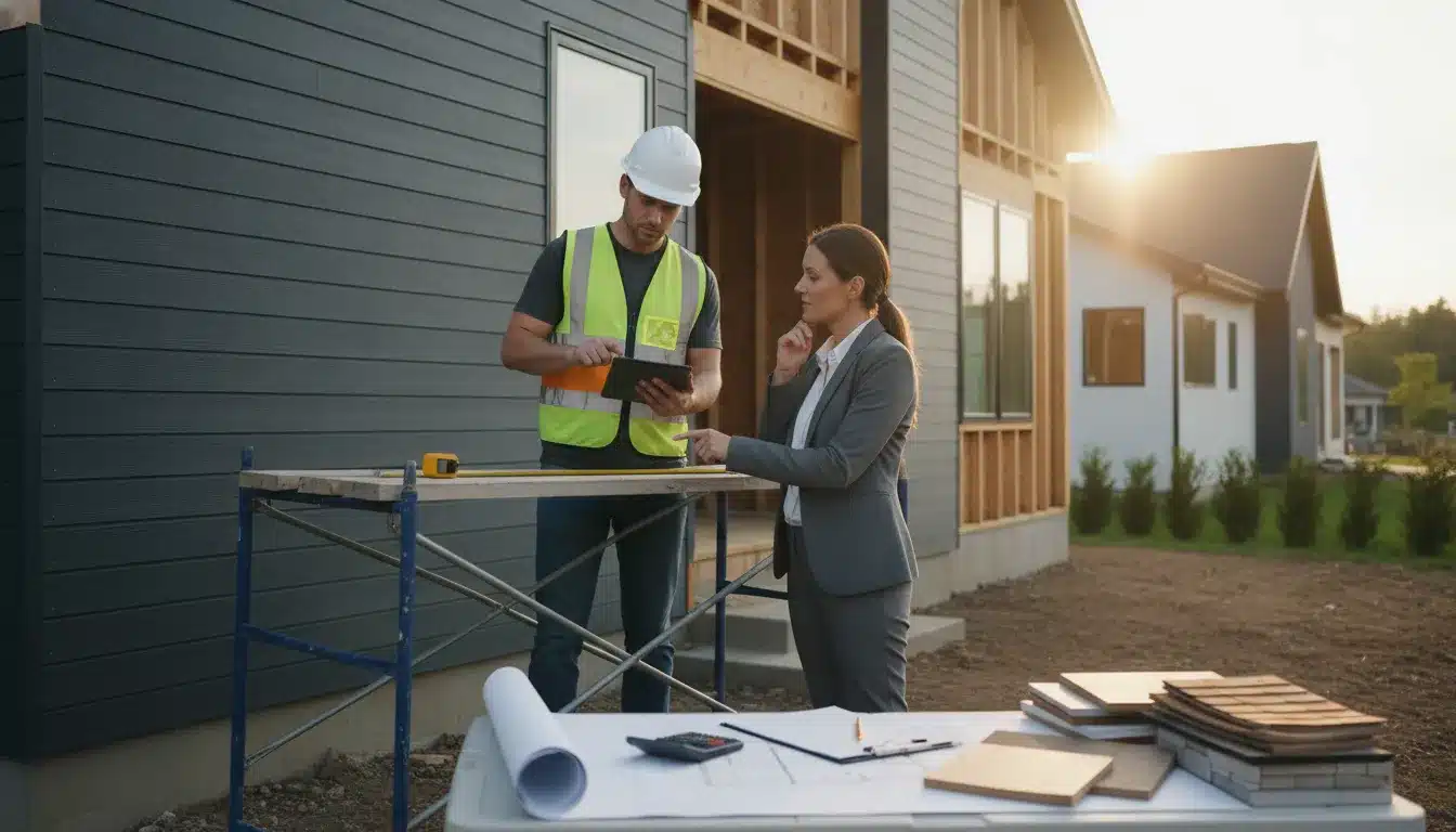 Contractor and homeowner discussing siding installation cost outside a house under construction.