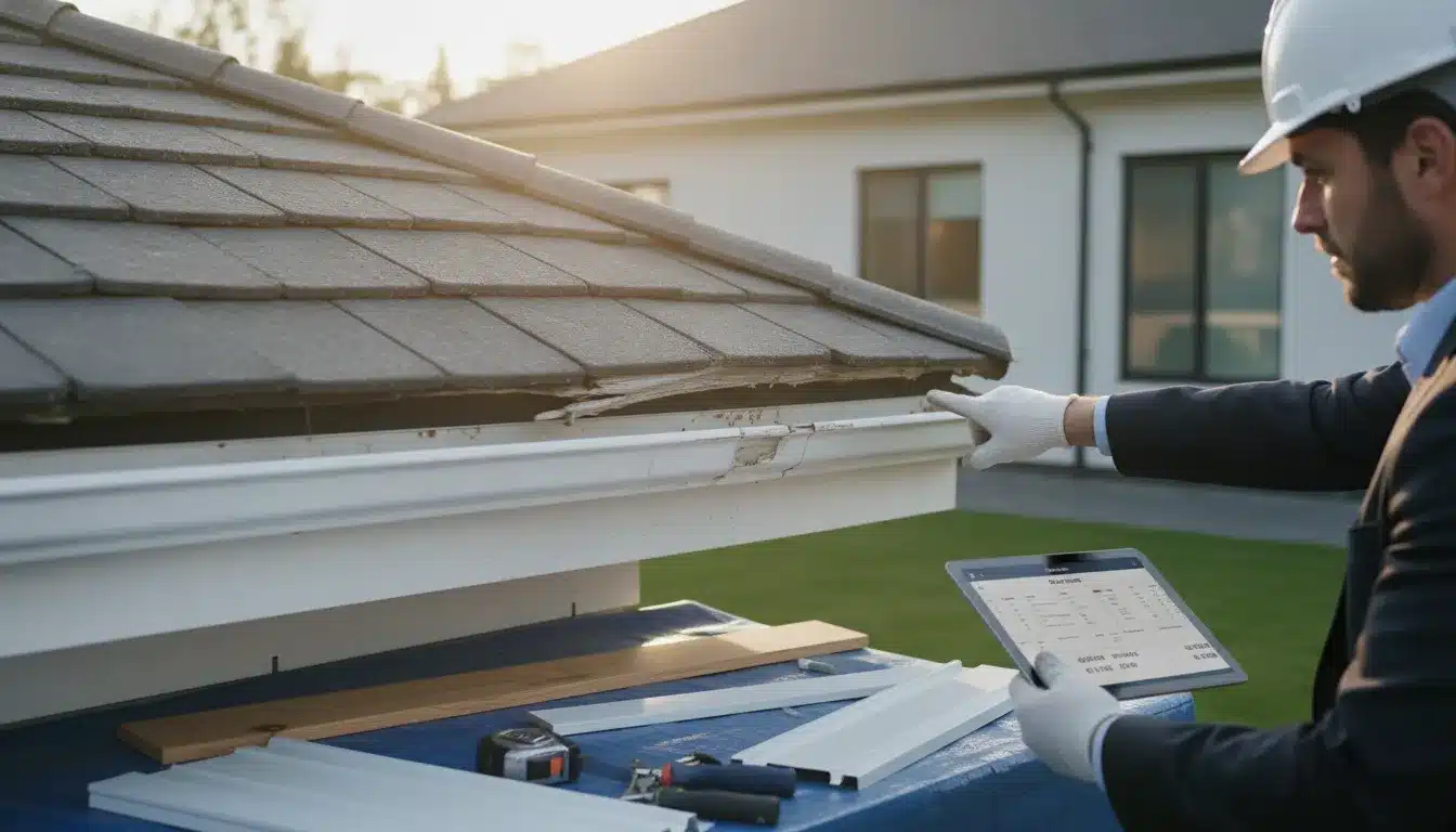Roof inspector assessing soffit and fascia damage for repair near the roofline.
