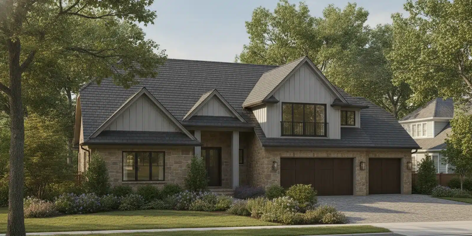 Solar shingles integrated across the roof of a modern home in natural daylight