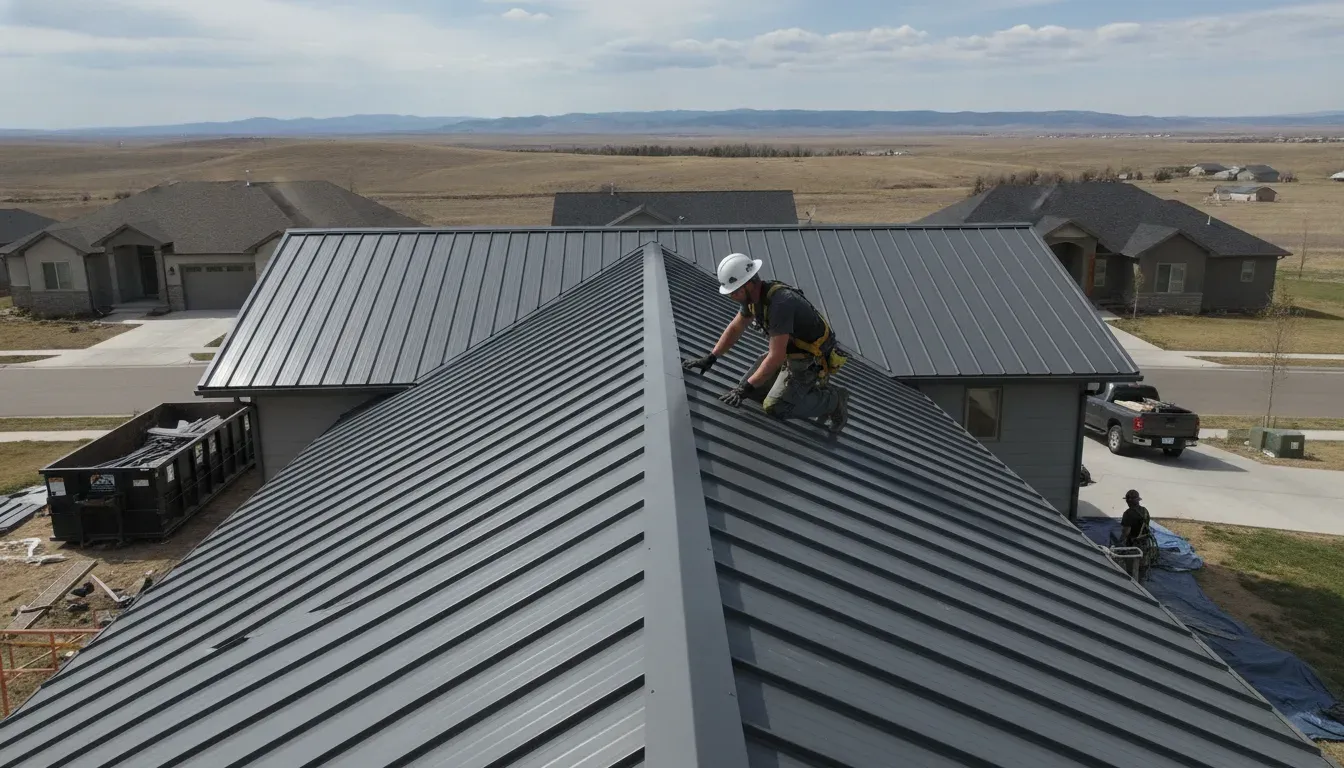 Standing seam metal roof installation on a residential property