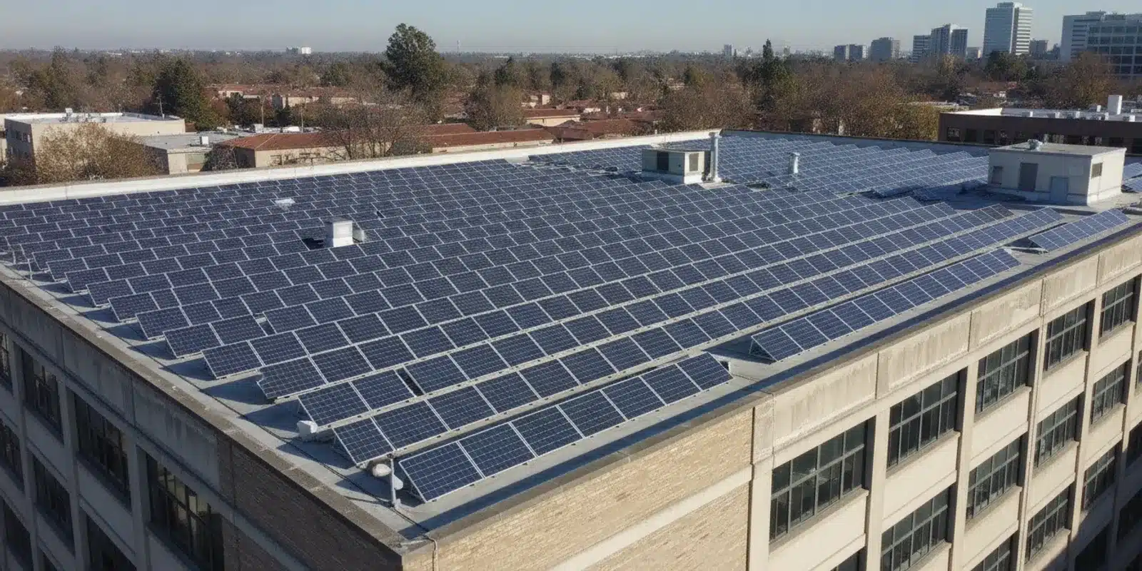 Commercial rooftop solar panels on a business building