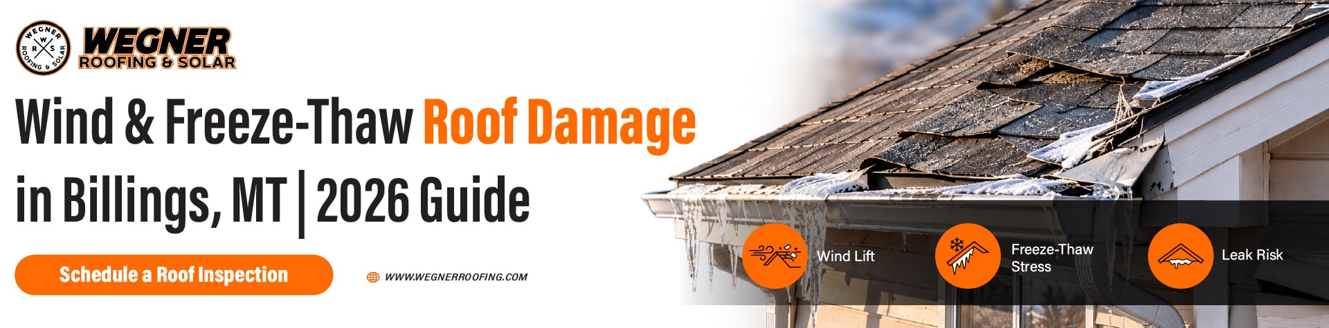 Wind damage roof in Billings MT showing lifted shingles, ice buildup, and freeze-thaw stress that can cause leaks.