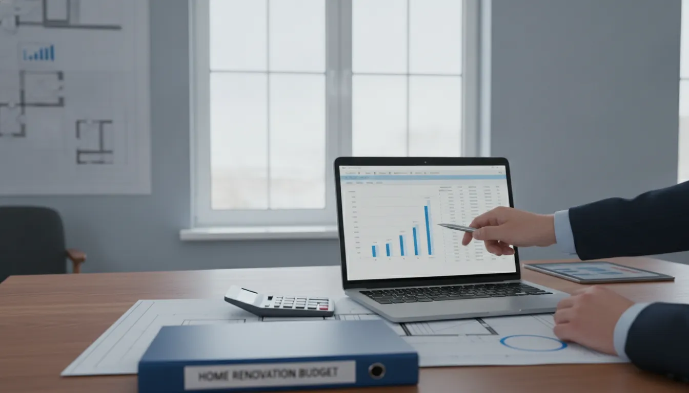 Businessperson reviewing a window replacement cost chart on a laptop beside a calculator and budget binder.