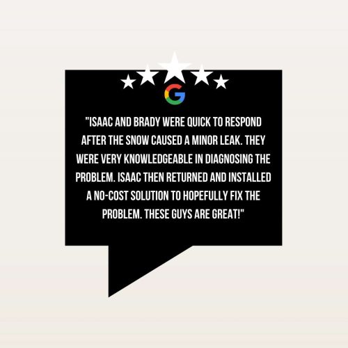 A graphic with positive customer review text and five stars rating above Google logo.