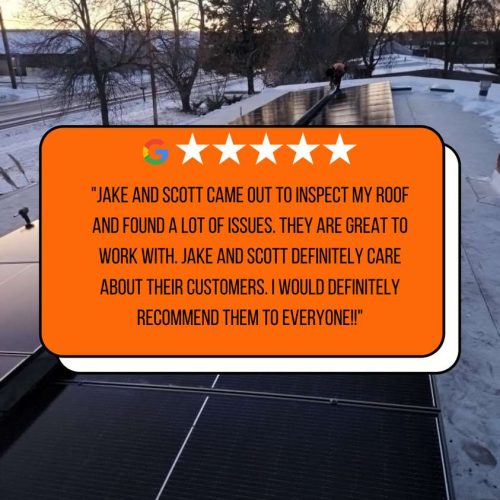 A person inspects a snowy rooftop with a positive customer review on an orange background.