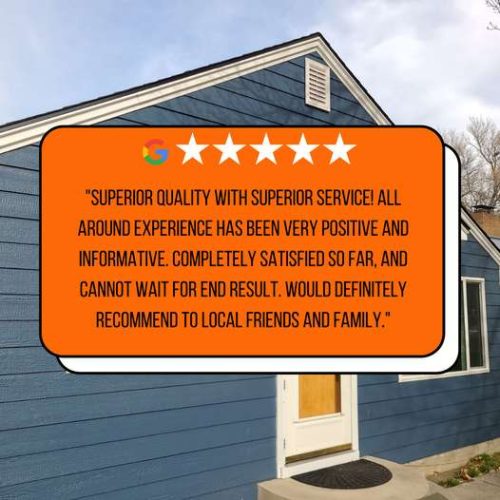 Image of a positive customer review bubble with 5 stars over a house background.