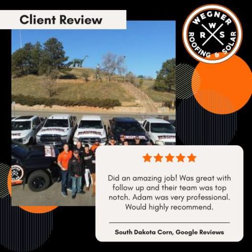 A positive client review with a photo of a roofing team in front of their service vehicles.